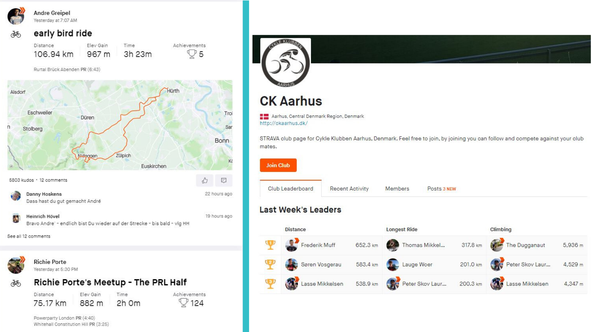 Følger du professionelle atleter, vil deres træninger dukke op i dit feed (tv.). Til højre ses CK Aarhus' klub på Strava.