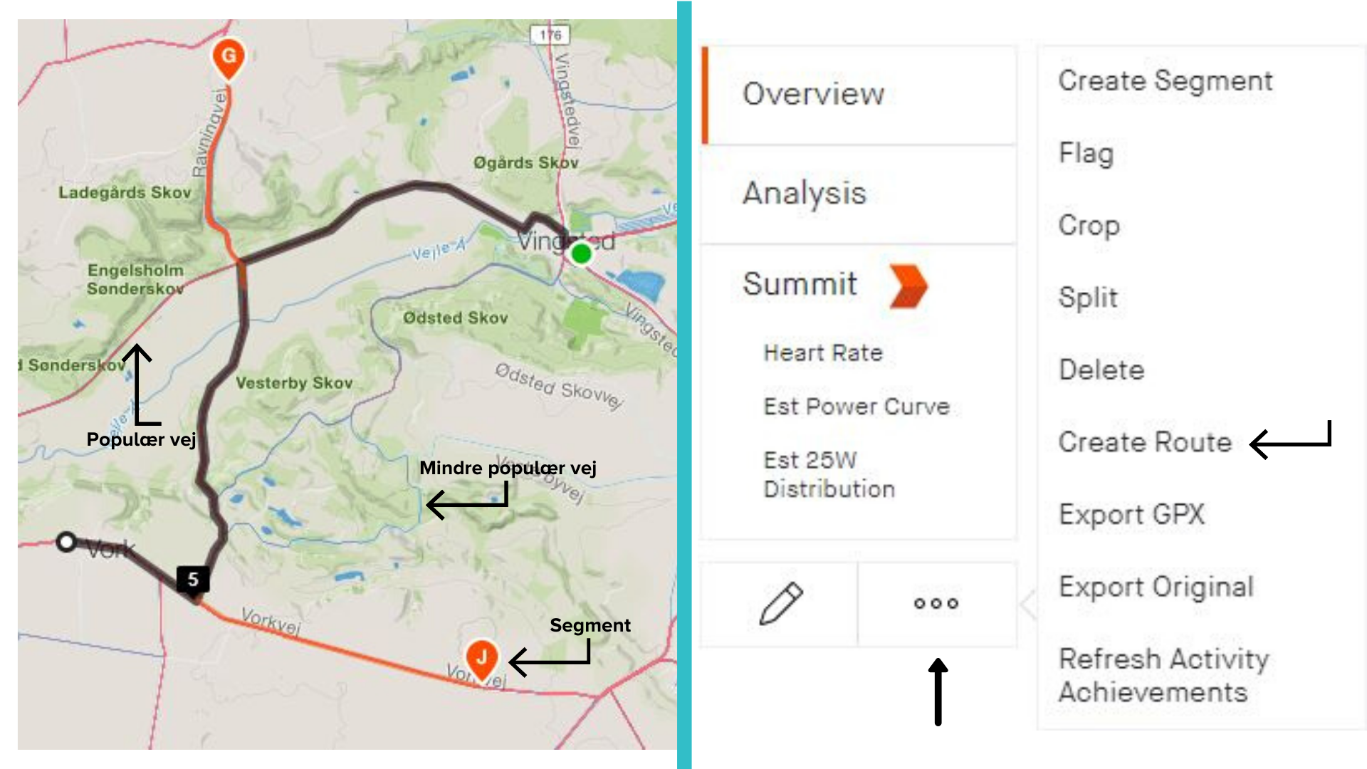 Når 'Use popularity' er slået til, finder Strava selv den bedste rute imellem dine 'checkpoints' (tv.). Klik på 'Create Route' for at gemme en rute fra din eller en andens aktivitet (th.).